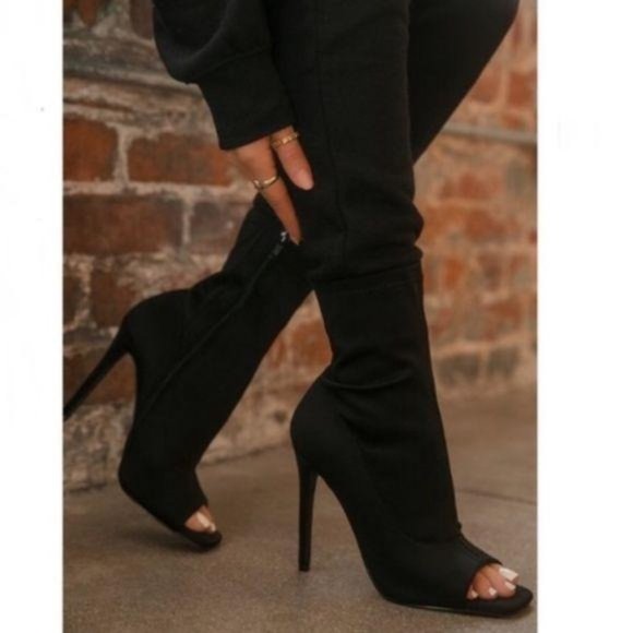 Shoes - Black Lycra Squared Open Toe Ankle Booties